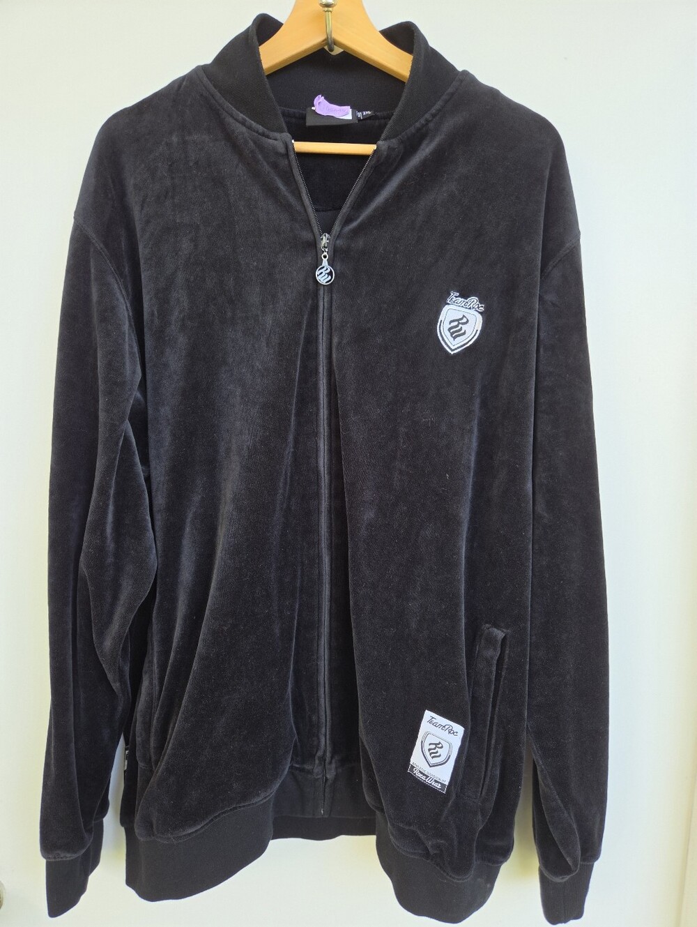 Y2k Mens Roca Wear Logo Black Full Zip Velour Track Jacket Size 2XL